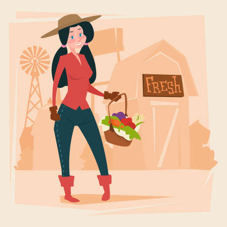 Farmer Woman Gather Harvest Eco Farming Flat Vector Illustrationのイラスト素材