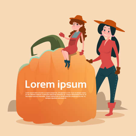 Small Girl Sit On Big Pumpkin Farmers Daughter And Mother Harvest Copy Space Flat Vector Illustrationのイラスト素材