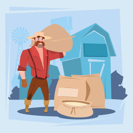 Farmer Man Hold Wheat Sack Harvest Silhouette Farm Background Flat Vector Illustrationのイラスト素材