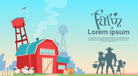 Silhouette Farmers Family Building Farmland Countryside Landscape Flat Vector Illustrationのイラスト素材