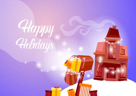 Mail Box With Present Happy New Year Merry Christmas Greeting Card Banner Flat Vector Illustrationのイラスト素材