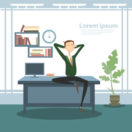 Business Man Interior Workplace, Businessman Manager Office Worker Flat Vector Illustrationのイラスト素材