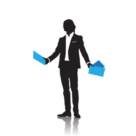 Business Man Black Silhouette Standing Full Length Over White Background Hold Folder Vector Illustrationのイラスト素材