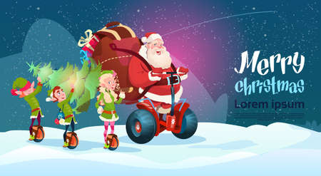 Santa Claus And Elf Ride Electric Scooter Christmas Holiday Happy New Year Greeting Card Flat Vector Illustrationのイラスト素材