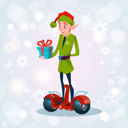 Green Elf Ride Electric Scooter Christmas Holiday Happy New Year Greeting Card Flat Vector Illustrationのイラスト素材