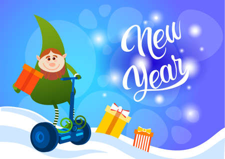 Green Elf Ride Electric Scooter Christmas Holiday Happy New Year Greeting Card Flat Vector Illustrationのイラスト素材