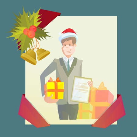 Business Man Hold Contract Gift Box New Year Christmas Present Celebration Holiday Frame Vector Illustrationのイラスト素材