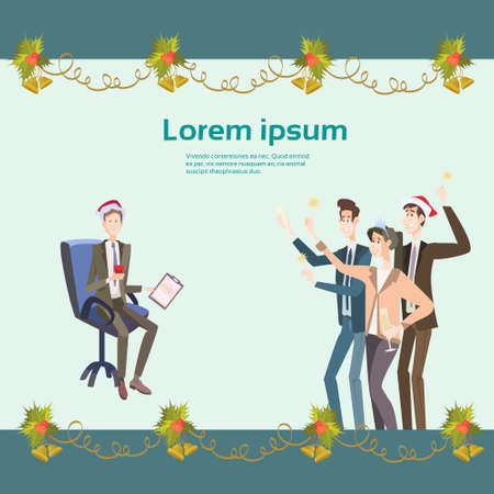 Businesspeople Celebrate Merry Christmas And Happy New Year Business People Team Santa Hat Flat Vector Illustrationのイラスト素材