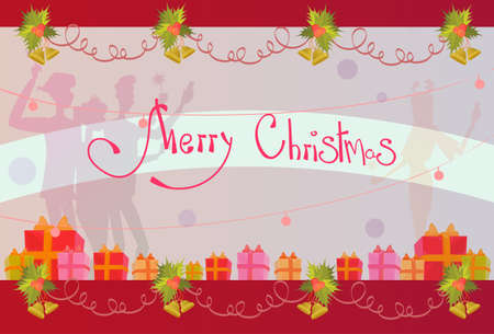 Silhouette People Celebrate Merry Christmas And Happy New Year Greeting Card Banner Flat Vector Illustrationのイラスト素材
