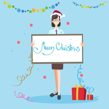 Business Woman Hold Banner Merry Christmas And Happy New Year Celebration Flat Vector Illustrationのイラスト素材