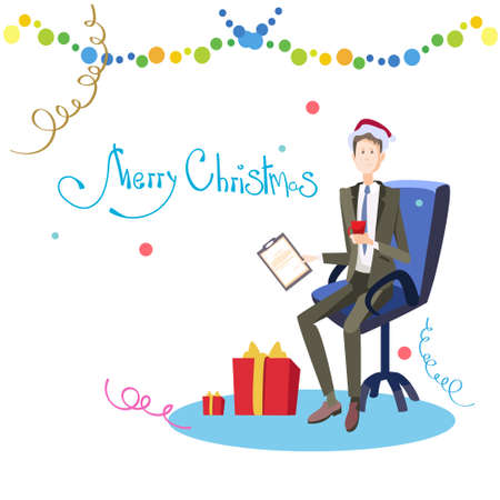 Business Man In Chair Hold Contract Celebrate Merry Christmas And Happy New Year Santa Hat Flat Vector Illustrationのイラスト素材