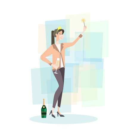 Business Woman Celebrate Merry Christmas And Happy New Year Flat Vector Illustrationのイラスト素材