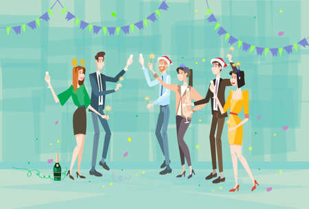 Businesspeople Celebrate Merry Christmas And Happy New Year Business People Team Santa Hat Flat Vector Illustrationのイラスト素材
