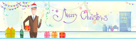 Business Man Celebrate Merry Christmas And Happy New Year Wear Santa Hat Flat Vector Illustrationのイラスト素材