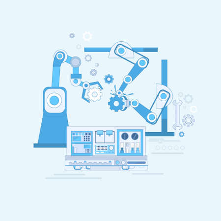 Robotic Assembly Line Industrial Automation Industry Production Web Banner Vector Illustrationのイラスト素材