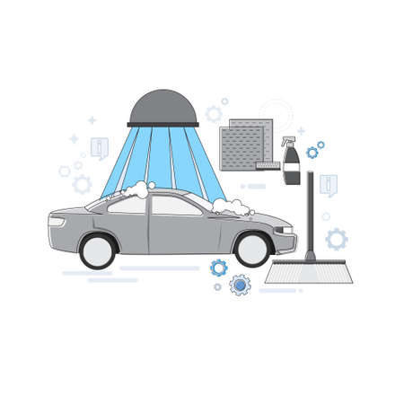 Car Wash Service Auto Business Web Banner Thin Line Vector Illustrationのイラスト素材