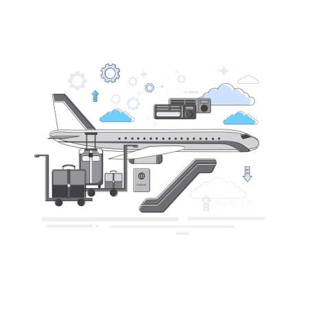 Passport Luggage Airplane Departure Transportation Air Tourism Web Banner Vector Illustrationのイラスト素材