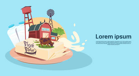 Milk Dairy Products Eco Fresh Farm Banner Flat Vector Illustrationのイラスト素材