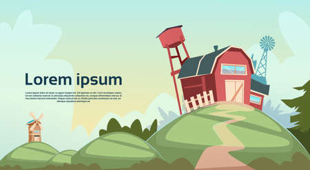 Agriculture And Farming, Barn Building Field Farmland Countryside Landscape Flat Vector Illustrationのイラスト素材