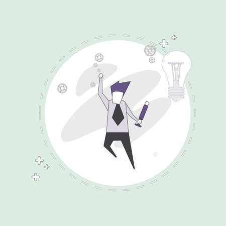 Successful Busines Man With New Idea Light Bulb Thin Line Vector Illustrationのイラスト素材