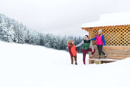 People Group Near Wooden Country House Winter Snow Resort Cottage Friends On Vacationの写真素材
