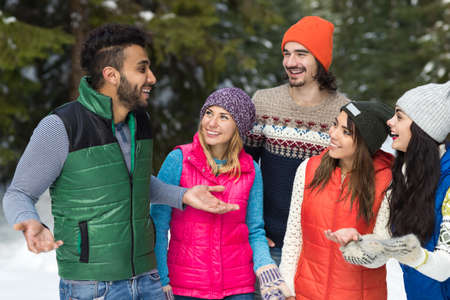 People Group Snow Forest Happy Smiling Young Friends Walking Outdoor Winter Pine Woods