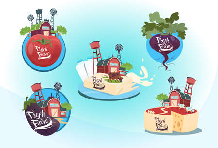 Natural Products Set Eco Fresh Farm Logo Flat Vector Illustrationのイラスト素材