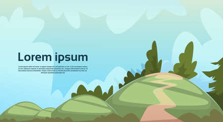 Summer View Landscape Rural Road Green Grass Hill Blue Sky Flat Vector Illustrationのイラスト素材