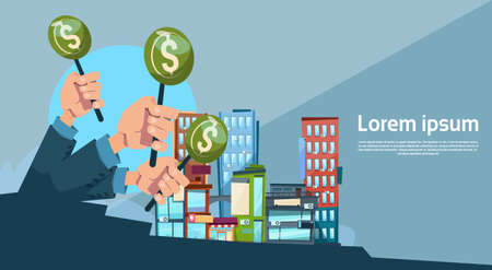 Hand Group Hold Green Money Business Funding Modern City Office Center Flat Vector Illustrationのイラスト素材