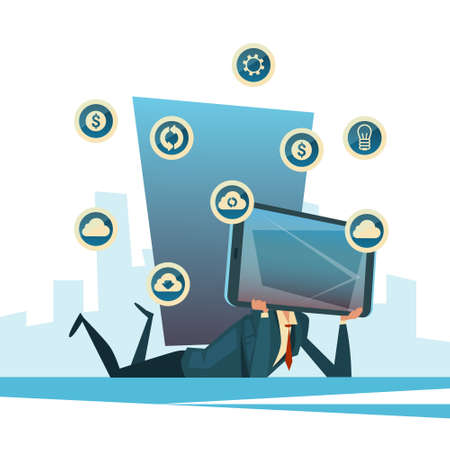 Man Cell Smart Phone Head Social Network Communication Flat Vector Illustrationのイラスト素材