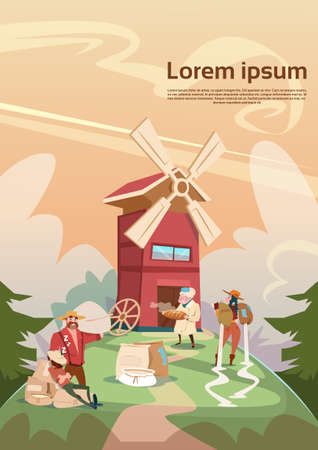 Farmers Family Wheat Mill Building Farmland Countryside Landscape Flat Vector Illustrationのイラスト素材