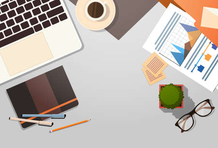 Workplace Desk Documents Papers Folder Office Stuff Top Angle View Flat Vector Illustrationのイラスト素材