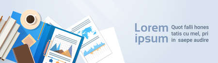 Workplace Desk Documents Papers Folder Office Stuff Top Angle View Flat Vector Illustrationのイラスト素材