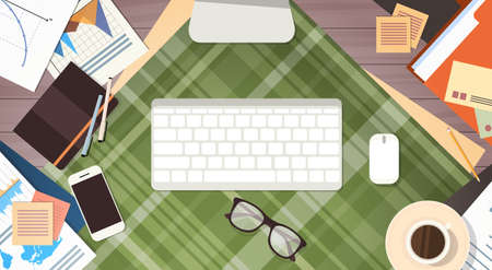 Workplace Desk Documents Papers Folder Office Stuff Top Angle View Flat Vector Illustrationのイラスト素材