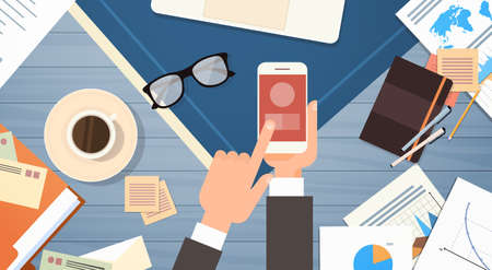 Business Man Using Smart Phone Workplace Desk Documents Papers Folder Office Stuff Top Angle View Flat Vector Illustrationのイラスト素材