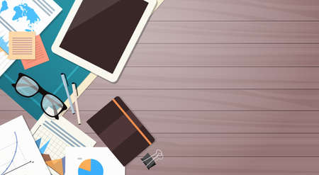 Workplace Desk Documents Papers Folder Office Stuff Top Angle View Flat Vector Illustrationのイラスト素材