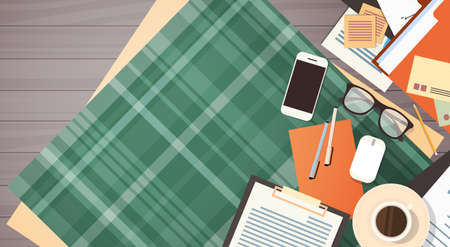 Workplace Desk Documents Papers Folder Office Stuff Top Angle View Flat Vector Illustrationのイラスト素材