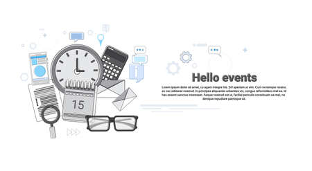 Hello Events News Portal Concept Banner Thin Line Vector Illustrationのイラスト素材