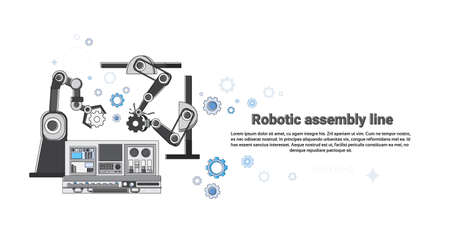 Robotic Assembly Line Industrial Automation Industry Production Web Banner Vector Illustrationのイラスト素材