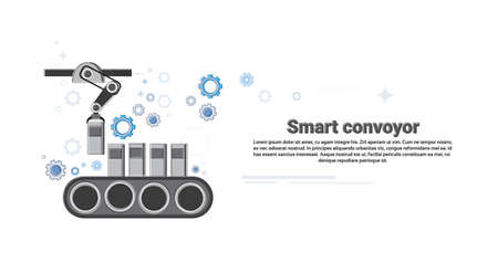 Smart Conveyor Industrial Automation Industry Production Web Banner Thin Line Vector Illustrationのイラスト素材