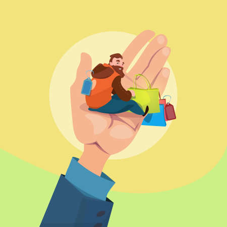 Hand Hold Man With Shopping Bags Retail Store Sale Concept Flat Vector Illustrationのイラスト素材