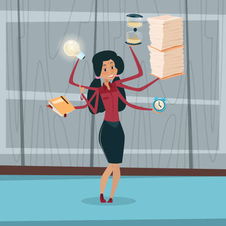 Indian Business Woman With Many Hands Multitasking Overworked Office Interior Mix Race Businessman Flat Vector Illustrationのイラスト素材