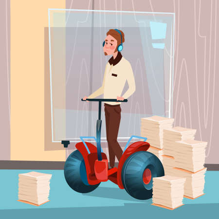 Business Man Ride Electric Scooter Modern Transport Office Interior Paperwork Flat Vector Illustrationのイラスト素材