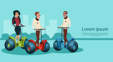 Mix Race Businesspeople Ride Electric Scooter Modern Transport Silhouette City Background Flat Vector Illustrationのイラスト素材