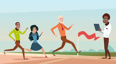 Mix Race Business People Group Run To Finish Line Team Leader Competition Flat Vector Illustrationのイラスト素材