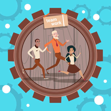Mix Race Business People Group Run In Cog Wheel Concept Teamwork Flat Vector Illustrationのイラスト素材