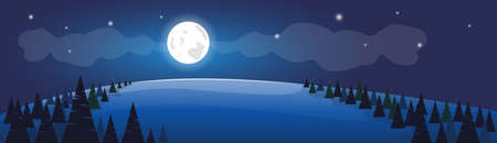 Winter Forest Night Landscape White Snow Banner Flat Vector Illustrationのイラスト素材