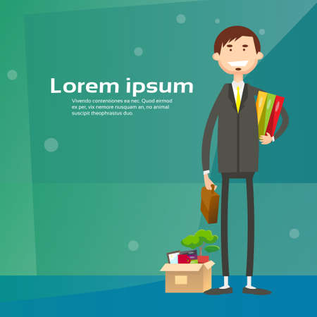 Business Man Hold Box With Office Stuff Recruitment New Job Position Vacancy Flat Vector Illustrationのイラスト素材