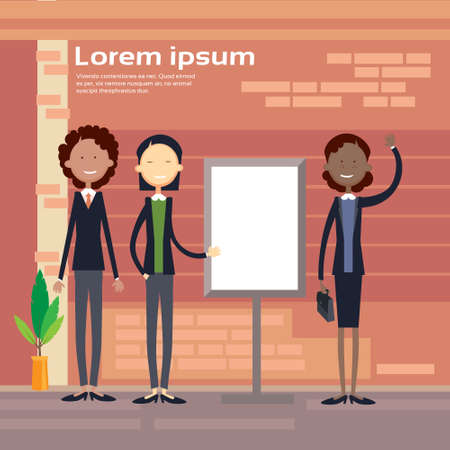 Ethnic Business Woman Group With Flip Chart Seminar Training Conference Brainstorming Presentation Mix Race Businesswoman Flat Vector Illustrationのイラスト素材