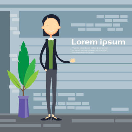 Asian Business Woman Full Length Copy Space Mix Race Businesswoman Flat Vector Illustrationのイラスト素材